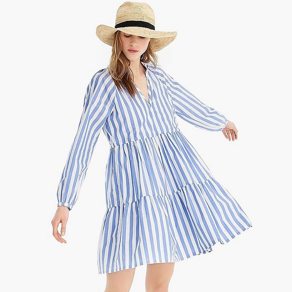 NWOT J. Crew Tall Tiered Popover Dress Striped Cotton Poplin